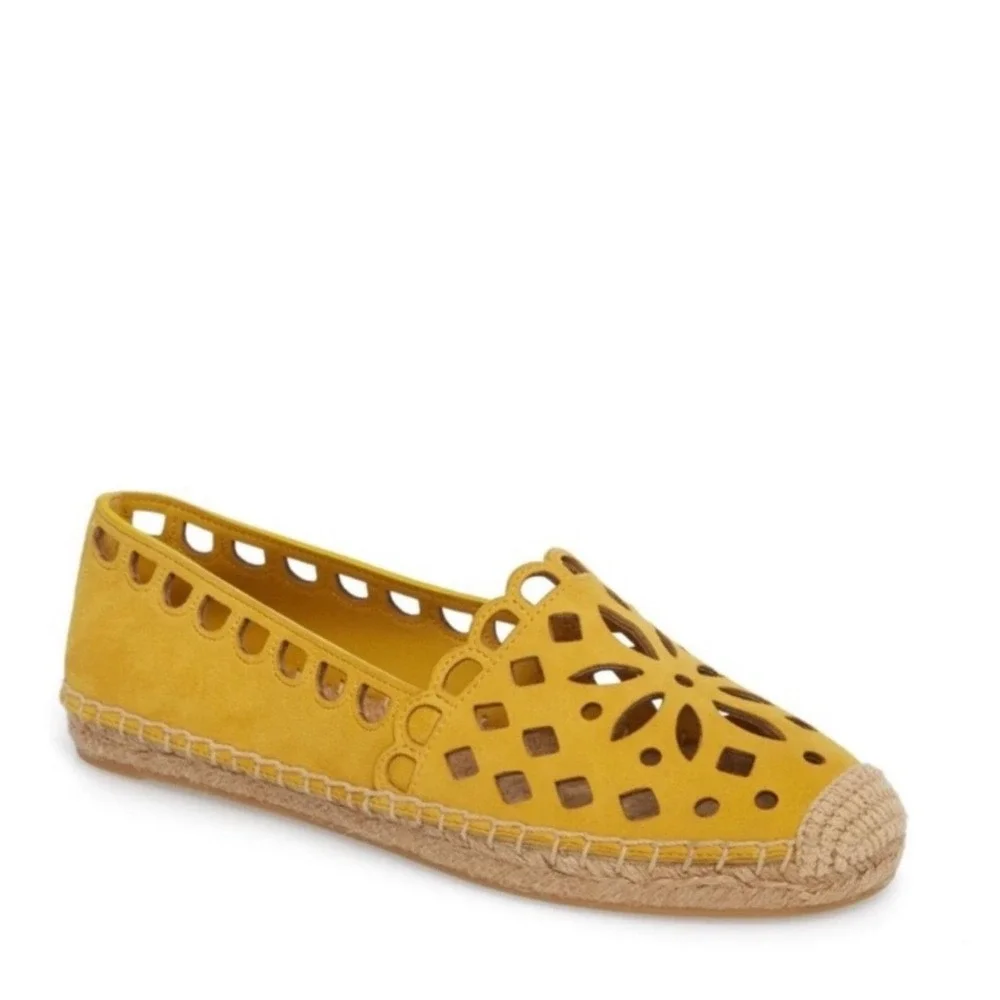 NWOT Tory Burch May Flat Espadrille Womens 6 Yellow Laser Cut Suede‎ SlipOn